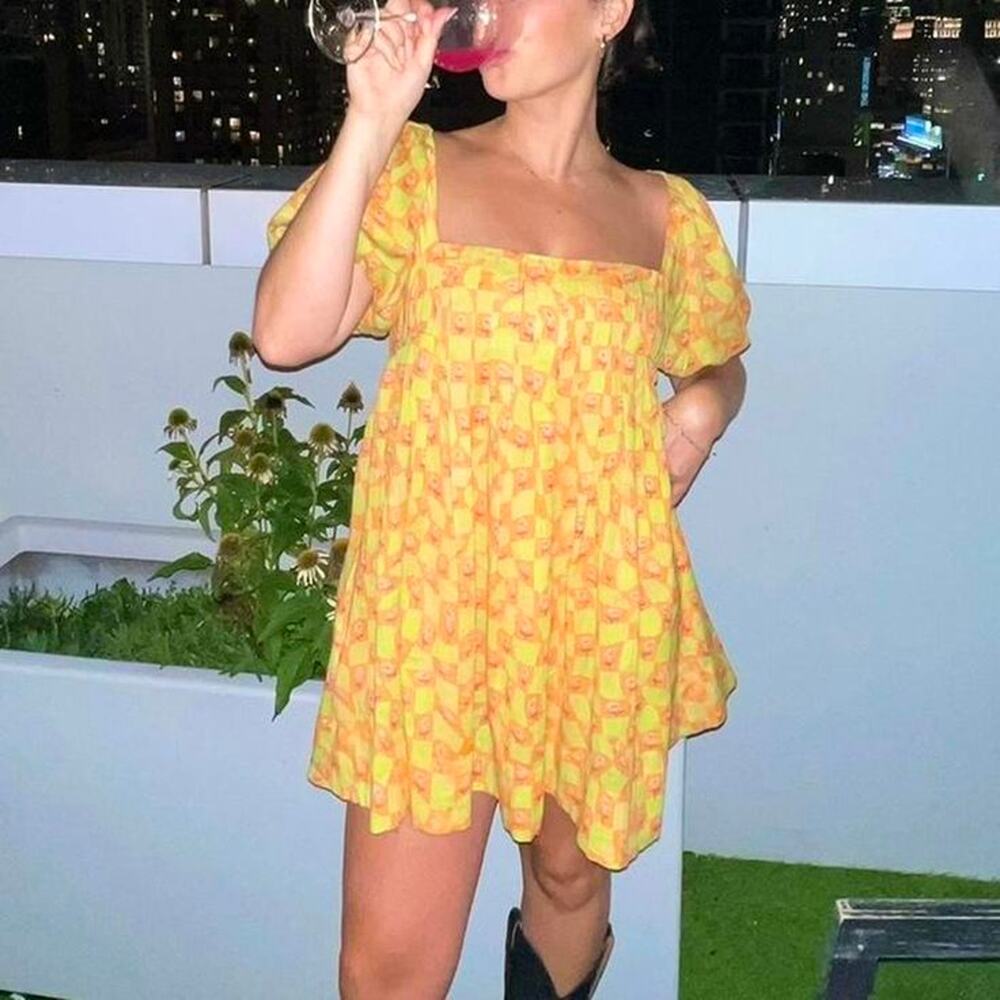 NWT Free People Marina Mini Babydoll dress Checkered Floral Print Orange Medium